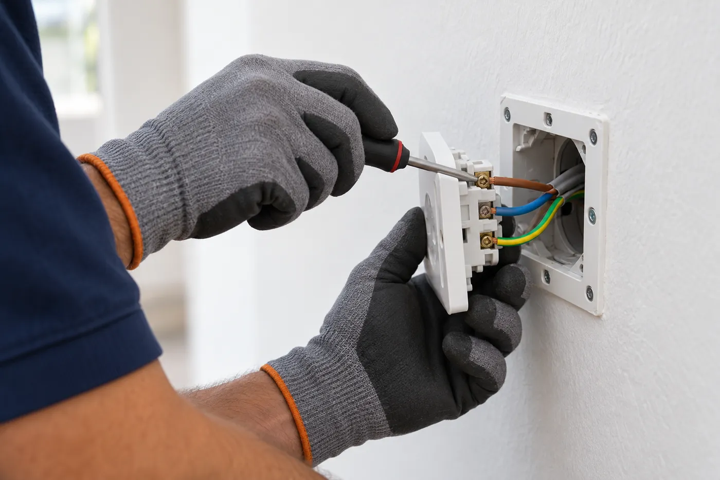 Électricien ganté raccordant une prise murale neuve hors tension lors d'une rénovation électrique